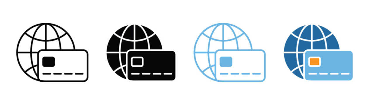 Set of global online payment and credit card icons. outline and flat styles isolated on white background. globe symbol in multiple styles vector illustration