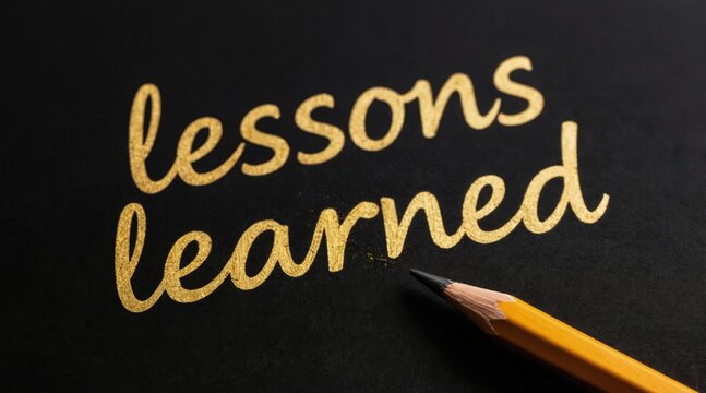 Yellow pencil writes lessons learned text on black surface. Concept of education business life advice. Reflecting on past events for future growth, development. Thinking about mistakes. Learning from