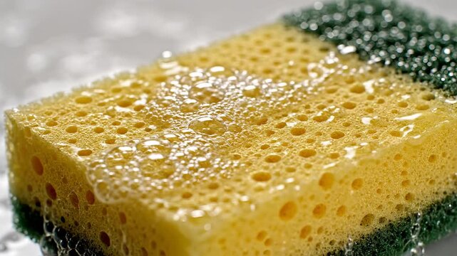 Close up of water pouring onto a yellow sponge with green scrubby side.