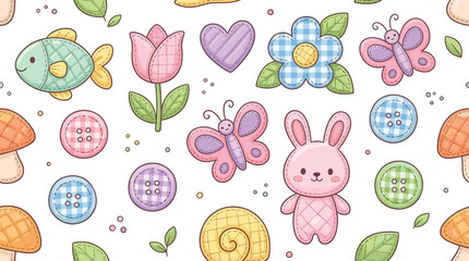 Cute Patchwork Seamless Pattern with Quilted Bunny Butterflies Flowers and Buttons for Baby Nursery Textile Fabric Wallpaper and Kids Graphic Design © Sohel