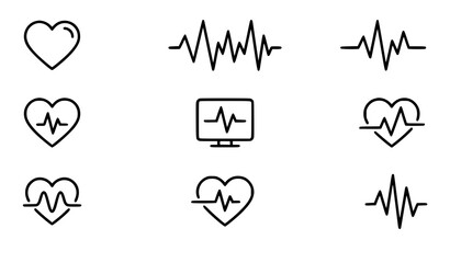Heartbeat Outline Icons Set with Heart Organ and Cardiogram Medical Symbols © Monirul