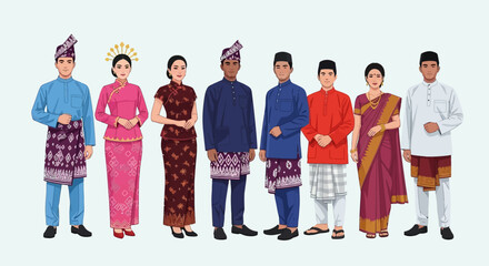 Fototapeta premium Diverse Group of People in Traditional Malaysian Clothing