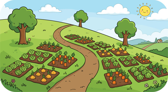 Cute Cartoon Vegetable Garden Landscape Vector Illustration with Green Hills Farm Beds Growing Carrots Lettuce Cabbage Onions and Winding Dirt Path