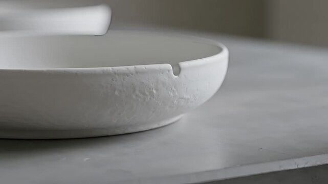 Closeup of a knife preparing a white ceramic bowl on a textured surface.