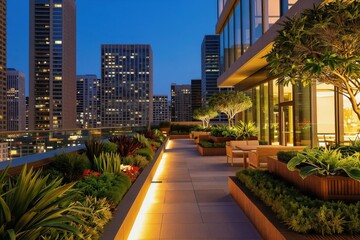 Fototapeta premium Rooftop garden offers serene cityscape at twilight. Lush plants and outdoor seating contrast with illuminated skyscrapers. Modern urban oasis provides a peaceful escape high above busy streets.