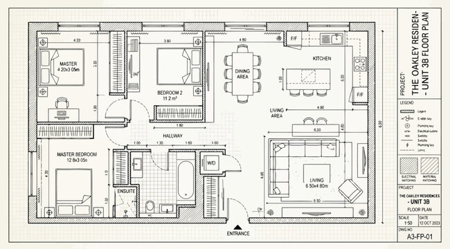 Detailed 3d floor plan of the oakley residences unit 3b showing bedroom and living area layout