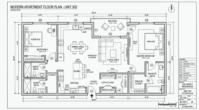 Modern apartment floor plan for unit 302 with master bedroom, guest rooms, and balcony