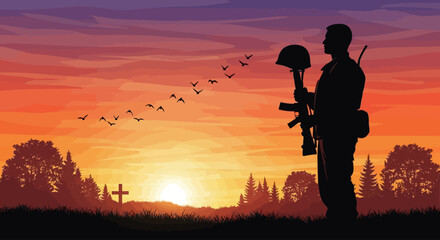 Fototapeta premium Silhouette of a Soldier at Sunset with Birds Flying Over Cemetery