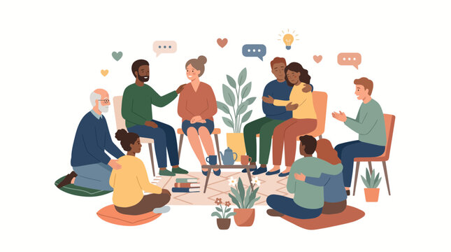 Diverse group of people participating in a supportive group therapy session.