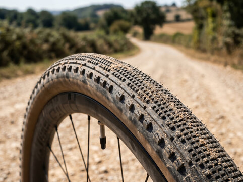 Bicycle wheel on a gravel path at sunset