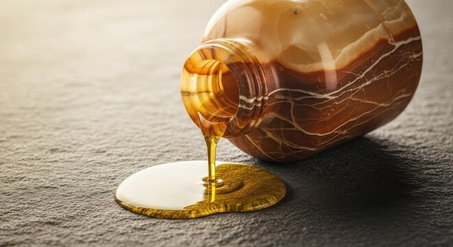 A vintage alabaster jar lies on a stone surface with golden oil flowing out, creating a glistening pool under soft and warm lighting, sacred, purity, amber