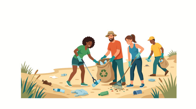 Diverse group of volunteers cleaning up trash on the beach 1.