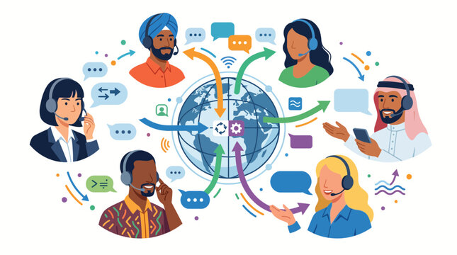Global customer support and international communication network concept illustration.