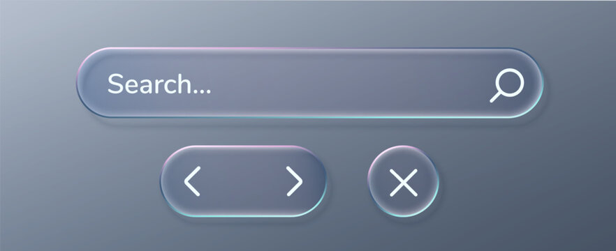 Glass box button and bubble text 3d with liquid holographic. Ui rectangle bar and glass transparent effect with search message box. Background glass frame and futuristic bubble.