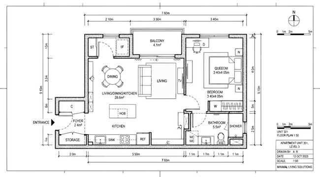 Architectural floor plan of a modern onebedroom apartment unit with balcony and storage