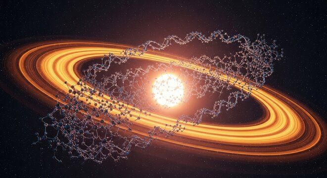 Artistic representation of molecular structures floating within the glowing orange rings of a celestial protoplanetary disc and young star, carbon, physics, dust