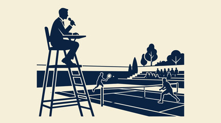 Tennis match umpire sitting in a high chair officiating a professional game. © Mas