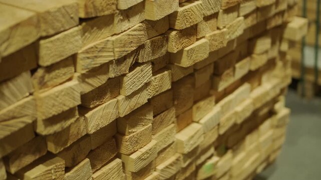A neat stack of wooden boards on a pallet with a blurred person operating an automated line in the background