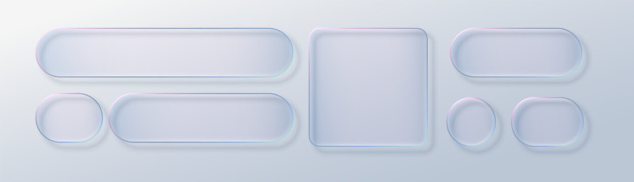 Glass box liquid with button transparent holographic and morphism translucent 3d. Text glow with web effect icon and element click highlight. Ui frame glass with plastic infographic button.