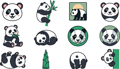 Cute Panda Character and Bamboo Wildlife Vector Collection Featuring Cartoon Pandas, Geometric Mascots, Playful Animals, and Nature Illustrations © MdNazmul