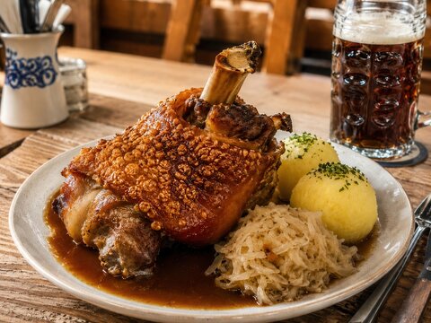 Rustikale Schweinshaxe mit Kn&ouml;deln und Sauerkraut
Knusprige Schweinshaxe mit Kartoffelkn&ouml;deln, Sauerkraut und dunkler So&szlig;e im traditionellen Wirtshaus.