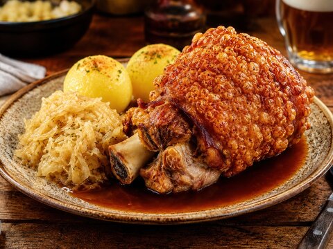 Knusprige Schweinshaxe mit Sauerkraut und Kl&ouml;&szlig;en
Traditionelle deutsche Schweinshaxe mit goldbrauner Kruste, Sauerkraut, Kartoffelkl&ouml;&szlig;en und kr&auml;ftiger Bratenso&szlig;e.