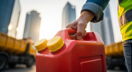 Fototapeta premium Worker carrying red fuel canister at construction site with heavy trucks and city skyscrapers in background representing energy supply and machinery maintenance during daylight hours.