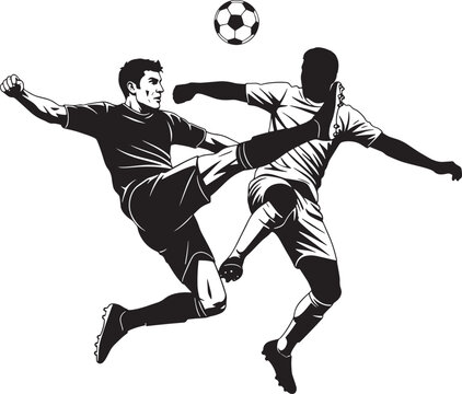 Two soccer players competing for a ball mid-air