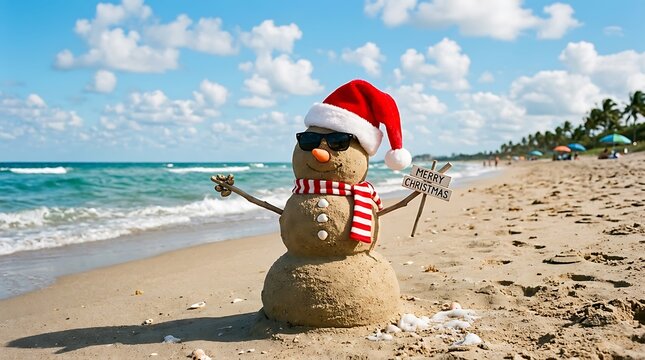 Merry christmas on a bank holiday beach a sandman enjoys summer vacation