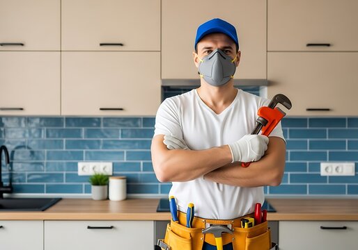 A professional plumber wearing a mask holding a wrench in a modern kitchen with bright, clean lighting
