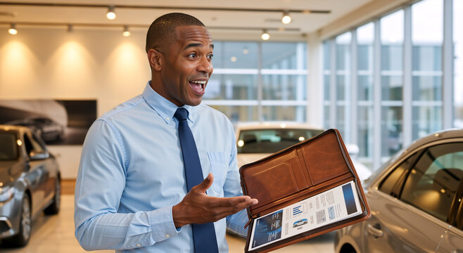 Excited car salesman presenting a document folder in a dealership. Professional automotive sales consultant