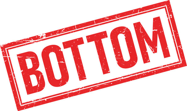 Distressed red rectangular rubber stamp impression with the word BOTTOM in bold white lettering centered and angled