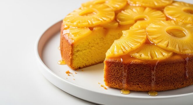 A close-up shot of a golden yellow pineapple cake served on a ceramic plate, showcasing its soft crumb and sweet tropical fruit topping, tasty, ingredient, dessert