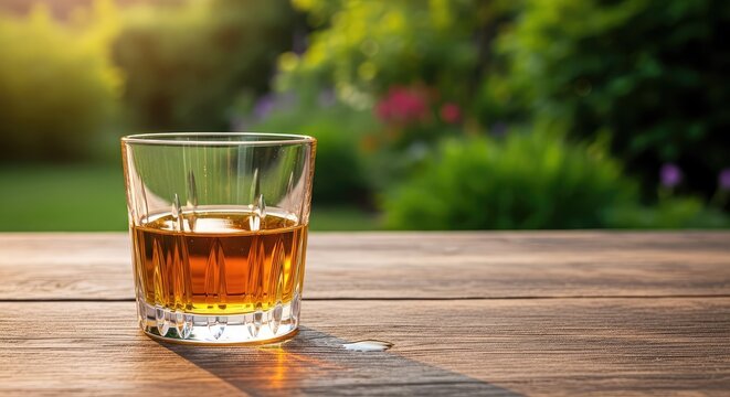 A crystal glass of golden amber calvados sits on a rustic wooden table in a lush garden during the warm light of a late summer afternoon, plants, summer, outdoors