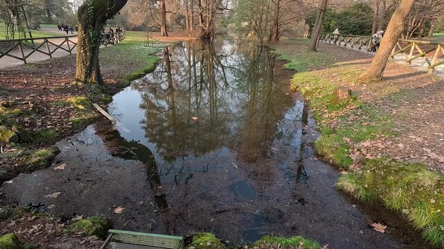 Footage of a gorgeous landscape at Parco Sempione in Milan Italy IT