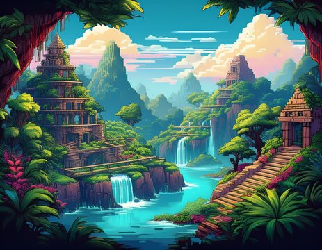 a vibrant pixel art landscape depicting a lush jungle reminiscent of classic platformers with hidden temples and waterfalls high resolution dslr