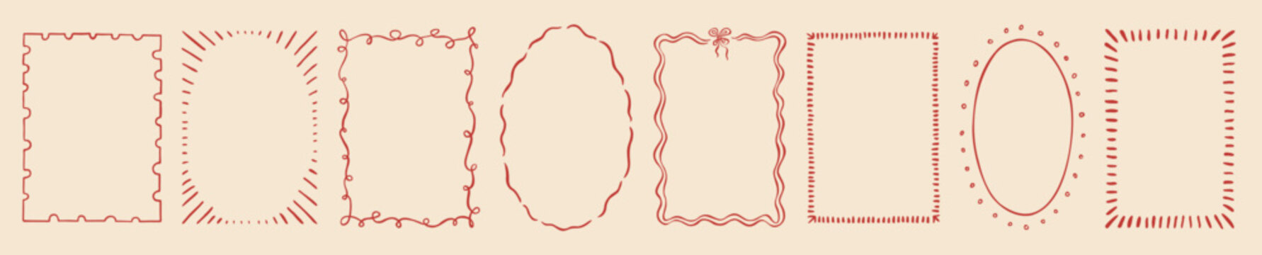 Whimsical frame set. Red pink hand drawn doodle bachelorette frames. Vector vintage ribbons. Decorative squiggle bow. Cute coquette aesthetic French love patisserie postcard bg. Retro Christmas design