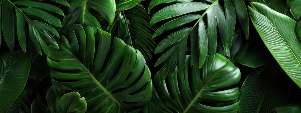 Panoramic tropical leaf wall made of monstera and banana leaves, rich green textures, modern jungle aesthetic, soft luxury lighting, large panoramic
