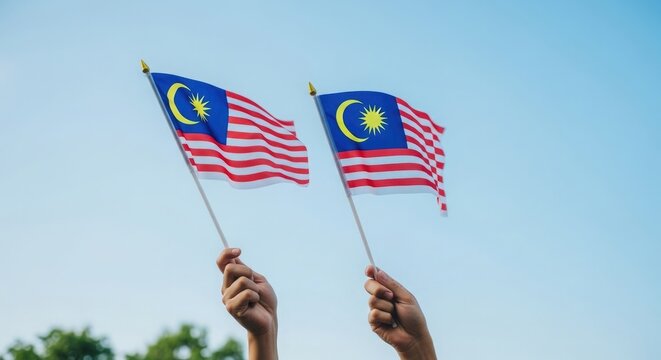Happy flag day celebrating malaysian independence with waving jalur gemilang flags against a clear sky