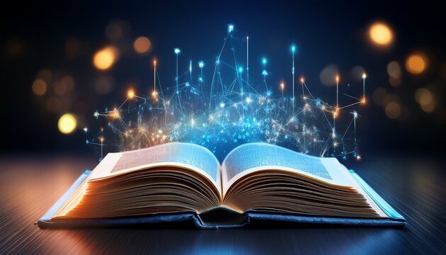 open book with glowing pages and digital connections representing knowledge and technology integration in a modern context