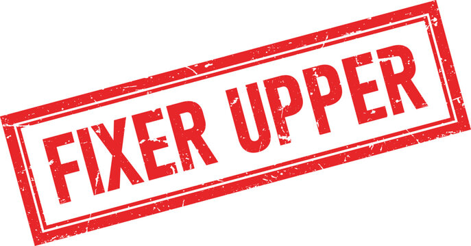 Distressed red rubber stamp design with the phrase Fixer Upper in textured bold capital letters on white background