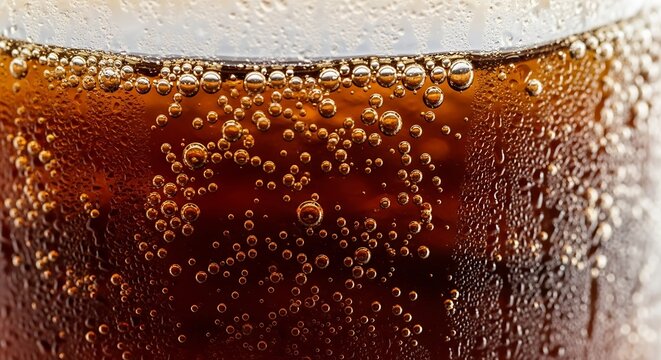 "Extreme close-up of ice-cold cola with lots of condensation and rising bubbles, realistic macro photography"