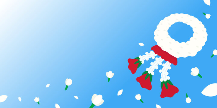 Hand drawn vector illustration of white jasmine garlands and red roses on blue background for Mother's Day. Design for Background, Backdrop, Wallpaper, Template, Poster, Banner, Presentation, Website.