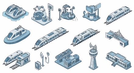 Collection of futuristic transportation and infrastructure elements. © Dono