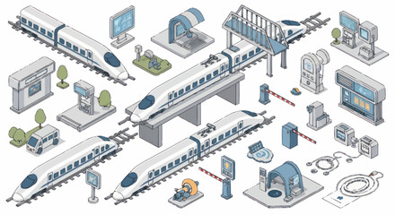 Modern high speed train and station elements isometric illustration. © Dono