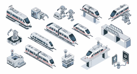Modern high speed trains and industrial automation elements isometric collection. © Dono