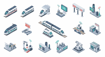 Modern transportation and industrial technology isometric icons set. © Dono