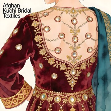 Back view illustration of a Kuchi Afghan bridal dress &mdash; deep red velvet with shisha mirror work and zardozi gold embroidery