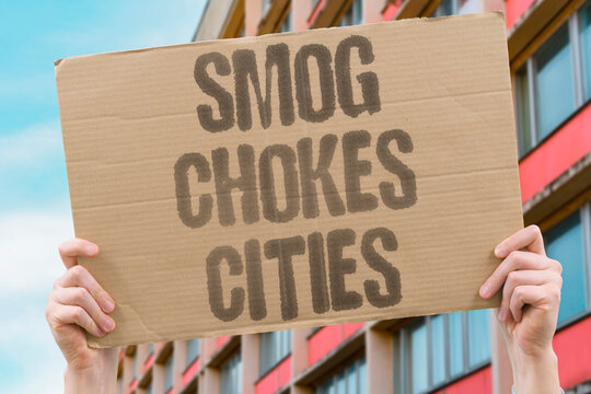 "Smog Chokes Cities" Dense urban air pollution traps harmful gases near ground level. SMOG. URBAN. POLLUTION. GASES. GROUND.