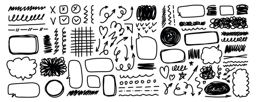 Large collection of hand drawn doodle elements including arrows scribbles frames speech bubbles lines circles and sketch annotation symbols